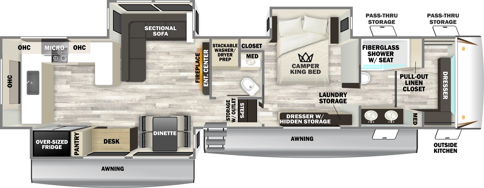 The Sabre 36EST floorplan has one entry and three slide outs. Exterior features include: fiberglass exterior. Interiors features include: rear kitchen, free-standing dinette option and bathroom and a half.